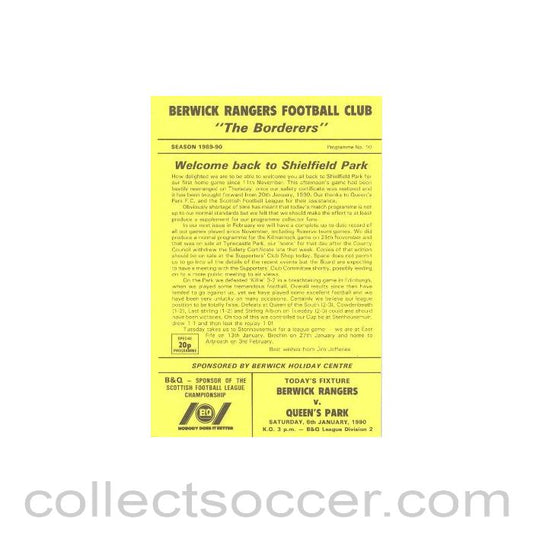 1990 - Berwick Rangers v Queen's Park official programme 06/01/1990 Scottish League