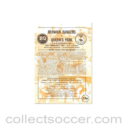 1992 - Berwick Rangers v Queen's Park official programme 25/02/1992 Scottish League