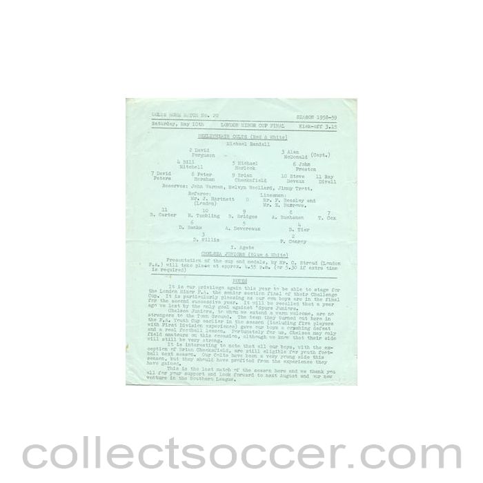1959 - Bexleyheath Colts v Chelsea Juniors official programme 10/05/1959 London Minor Cup Final