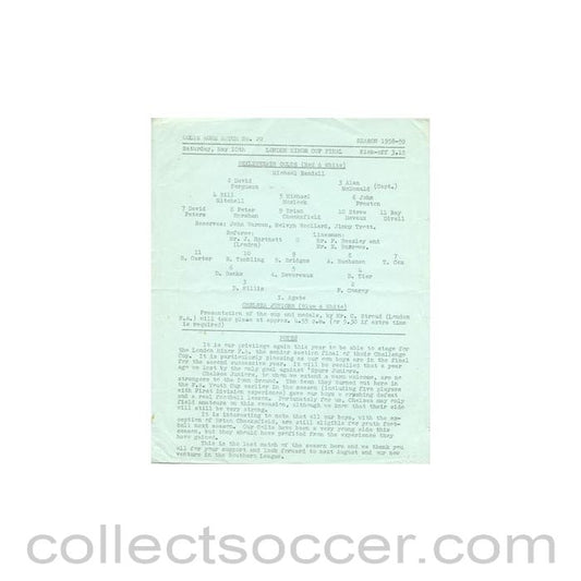 1959 - Bexleyheath Colts v Chelsea Juniors official programme 10/05/1959 London Minor Cup Final