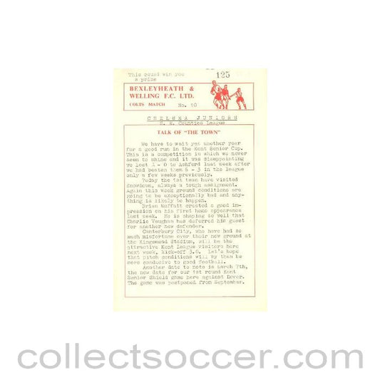 1959 - Bexleyheath Colts vChelsea Juniors official programme 24/01/1959