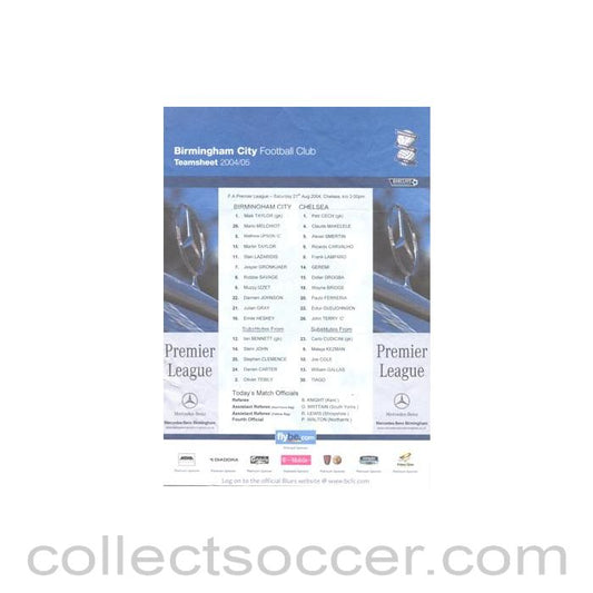 2004 - Birmingham City v Chelsea official colour teamsheet 21/08/2004 Premier League