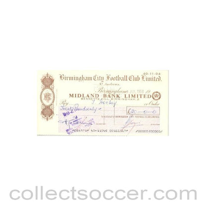 1968 - Cheque of Birmingham City F.C. payable to Trevor Hockey - Professional Football Player of 04/07/1968