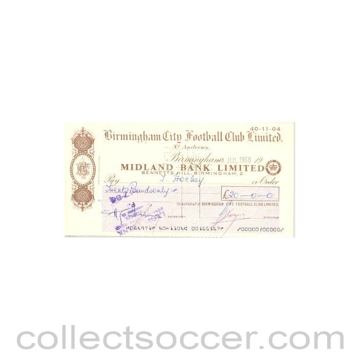 1968 - Cheque of Birmingham City F.C. payable to Trevor Hockey - Professional Football Player of 04/07/1968