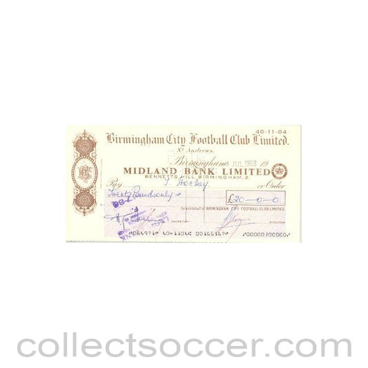 1968 - Cheque of Birmingham City F.C. payable to Trevor Hockey - Professional Football Player of 04/07/1968