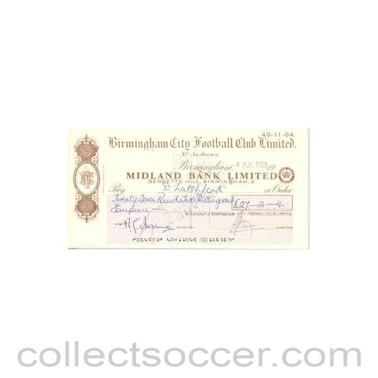 1968 - Cheque of Birmingham City F.C. payable to Robert Dennis Latchford - Professional Football Player of 04/07/1968