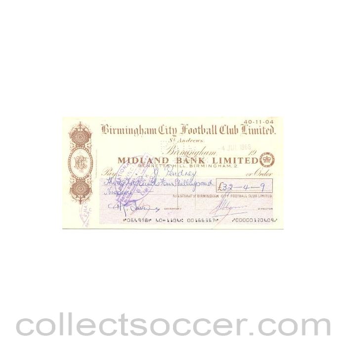1968 - Cheque of Birmingham City F.C. payable to G. Pendrey - Professional Football Player of 04/07/1968