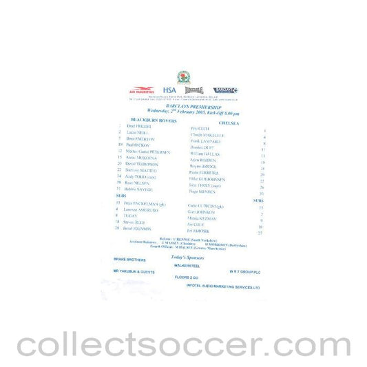 2005 - Blackburn Rovers v Chelsea teamsheet 02/02/2005