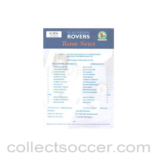 1998 - Blackburn Rovers v Chelsea official colour teamsheet 25/03/1998 F.A. Youth Challenge Cup