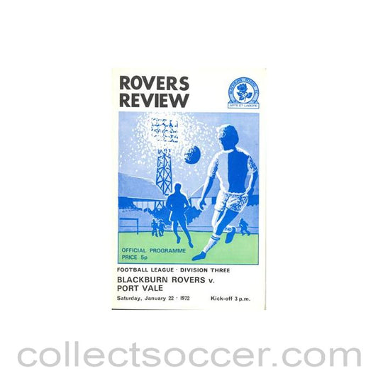 1972 - Blackburn Rovers v Port Vale official programme 22/01/1972 Football League