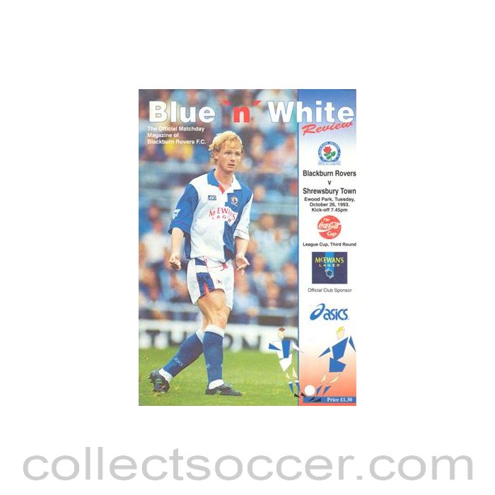 1993 - Blackburn Rovers v Srewsbury Town official programme 26/10/1993 League Cup