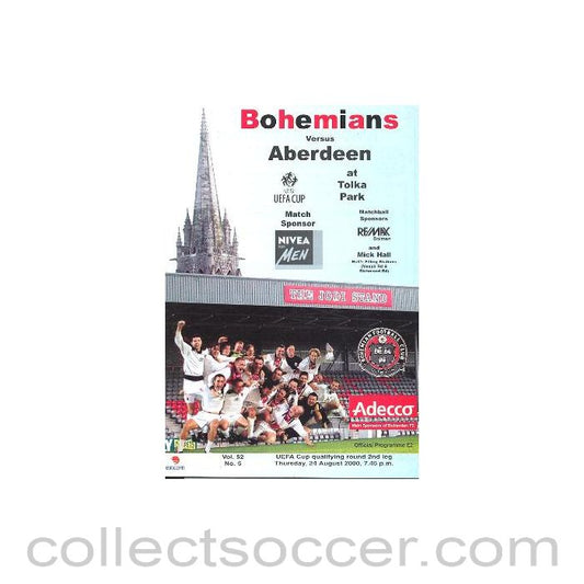 2000 - Bohemians, Wales v Aberdeen official programme 24/08/2000 UEFA Cup