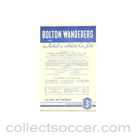 1952 - Bolton Wanderers v Burnley official programme 08/11/1952