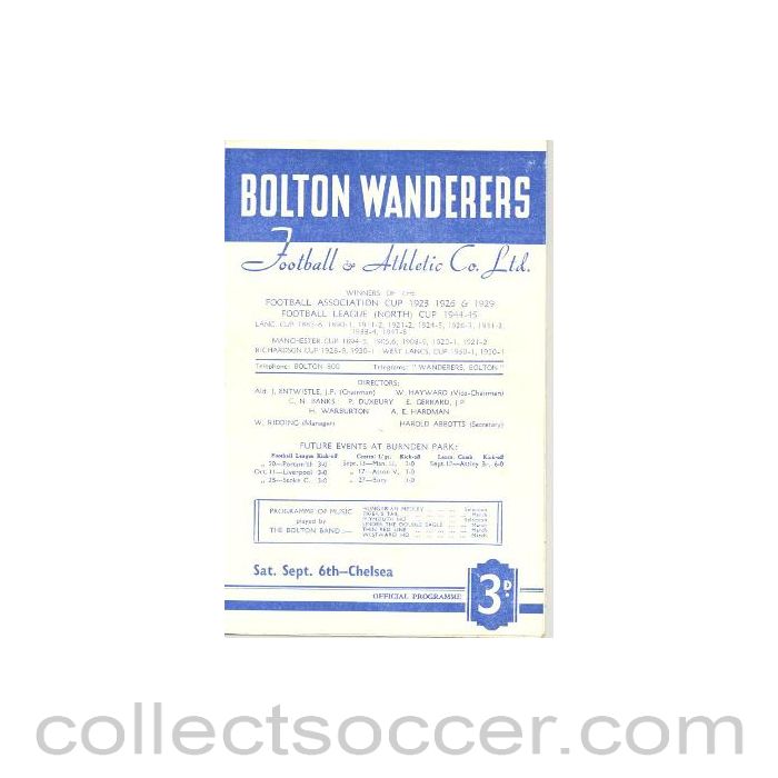 1952 - Bolton Wanderers v Chelsea official programme 06/09/1952