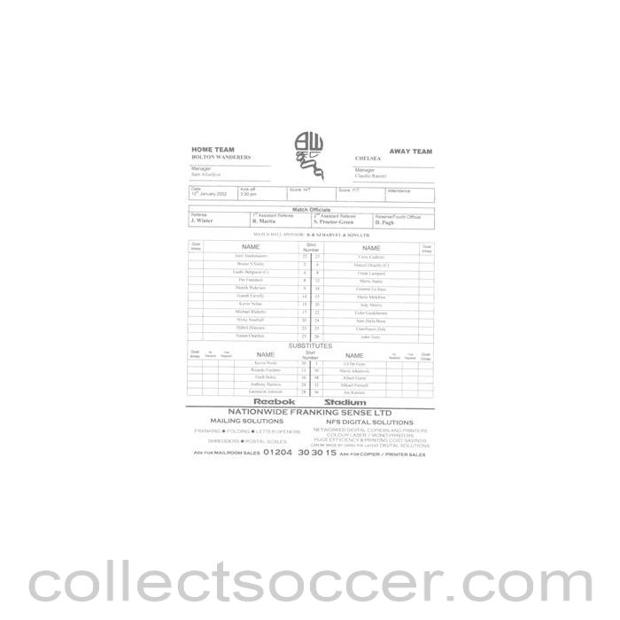 2002 - Bolton Wanderers v Chelsea official teamsheet 12/01/2002