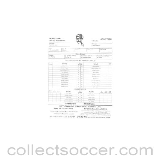 2002 - Bolton Wanderers v Chelsea official teamsheet 12/01/2002
