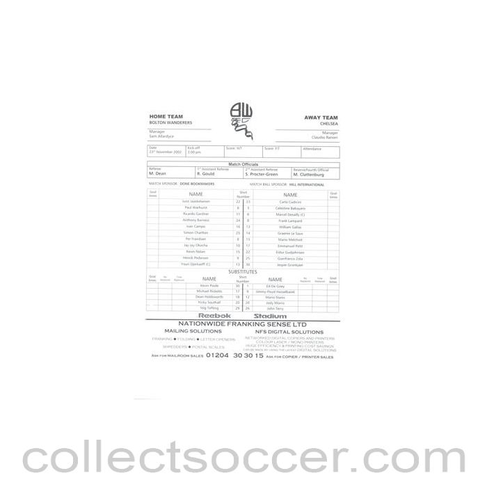 2002 - Bolton Wanderers v Chelsea official teamsheet 23/11/2002