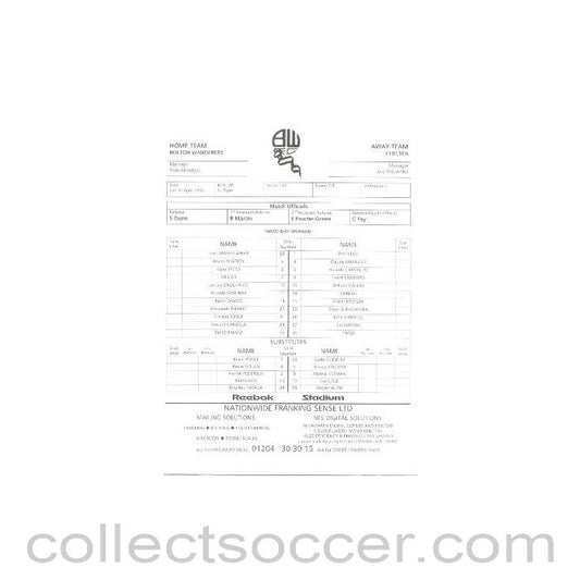 2005 - Bolton V Chelsea Teamsheet 30/04/2005