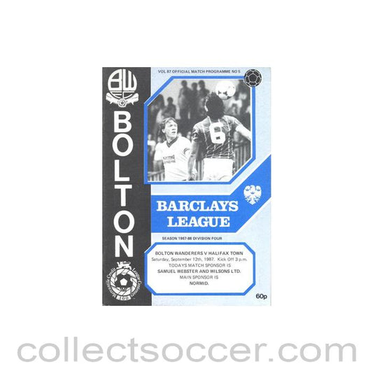 1987 - Bolton Wanderers v Halifax Town official programme 12/09/1987 Football League