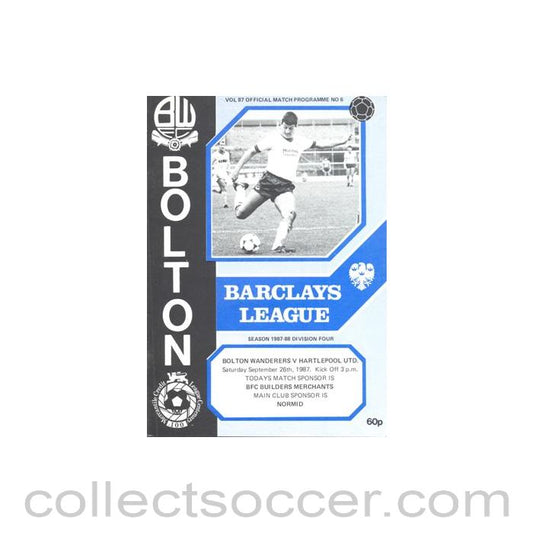 1987 - Bolton Wanderers v Hartlepool United official programme 26/09/1987 Football League