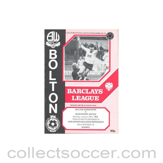 1988 - Bolton Wanderers v Scanthorpe United official programme 23/01/1988 Football League