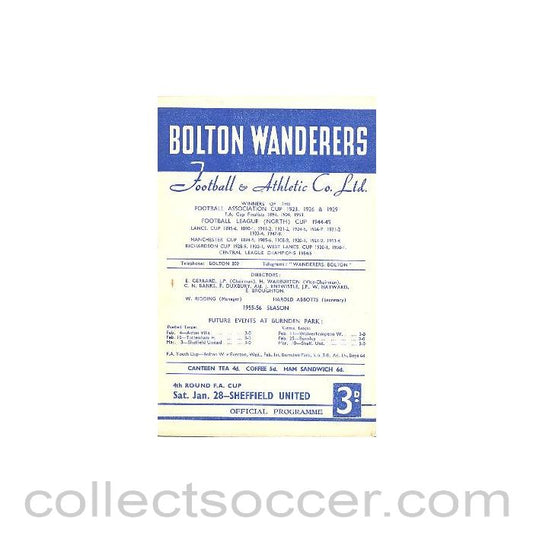 1956 - Bolton Wanderers v Sheffield United official programme 28/01/1956
