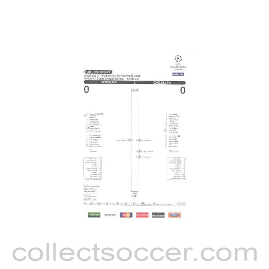 2008 - Bordeaux v Chelsea Official Line Up and Final Statistics Team Sheets - Half Time Report 26/11/2008