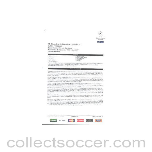 2008 - Bordeaux v Chelsea Match Press Kit 27/11/2008