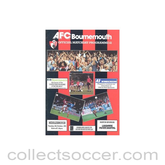 1991 - Bournemouth v Middlesbrough official programme 08/10/1991 Rumbelows League Cup