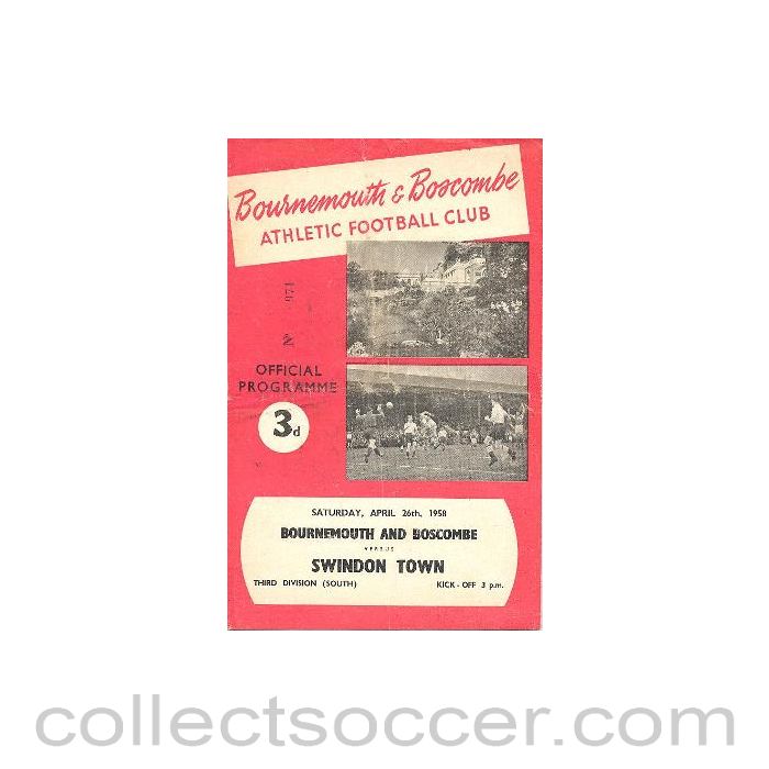 1958 - Bournemouth v Swindon Town official programme 26/04/1958