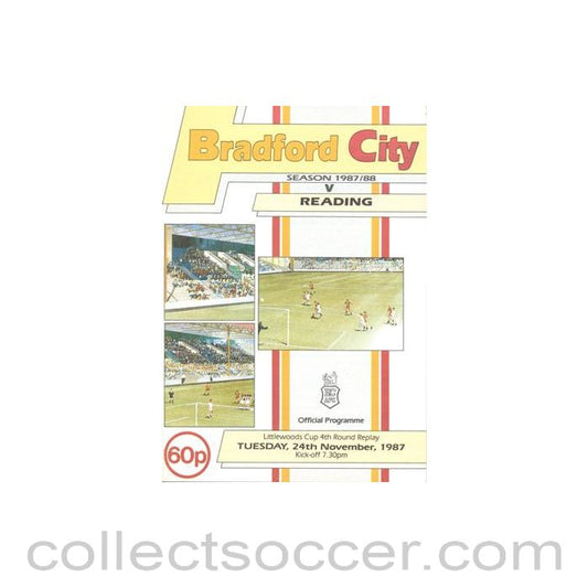 1987 - Bradford City v Reading official programme 24/11/1987 Littlewoods Cup