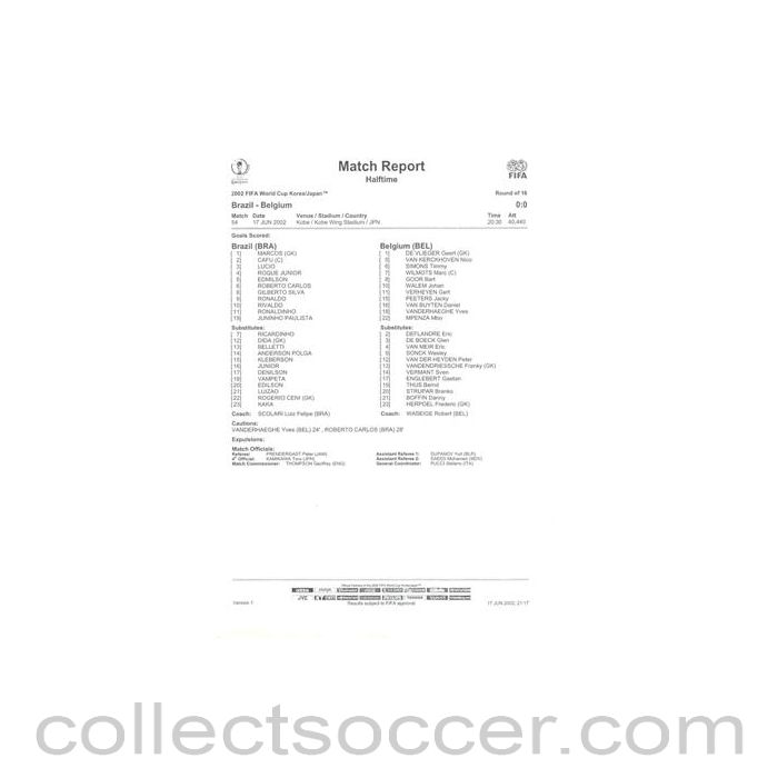 2002 World Cup - Brazil v Belgium 17/06/2002 Match Report & Game Statistics