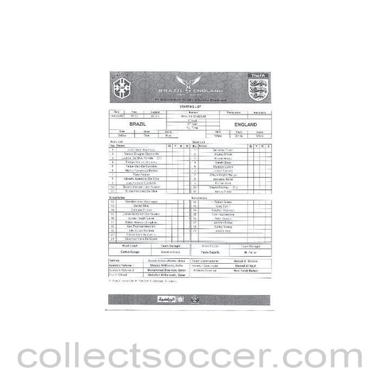 2009 - Brazil v England VIP teamsheet for match played in Quatar on 14/11/2009