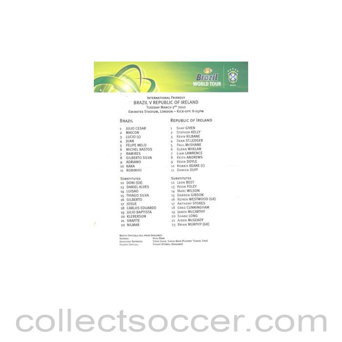 2010 - Brazil v Ireland official teamsheet 02/03/2010 Intarnational Friendly
