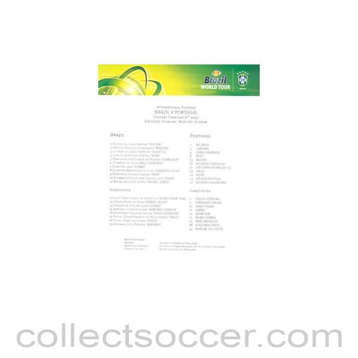 2007 - Brazil v Portugal official teamsheet 06/02/2007 Brazil World Tour