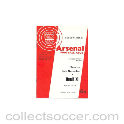 1965 - Arsenal v Brazil XI official programme 16/11/1965