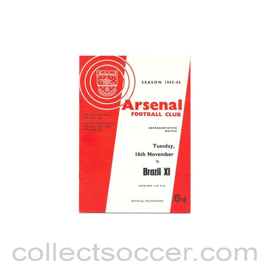 1965 - Arsenal v Brazil XI official programme 16/11/1965