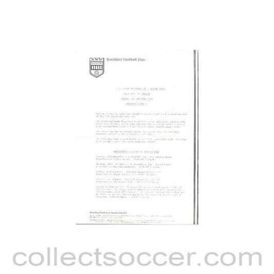 1990 - Brentford v Chelsea official teamsheet 03/12/1990