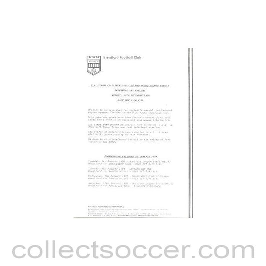 1990 - Brentford v Chelsea official teamsheet 28/12/1990