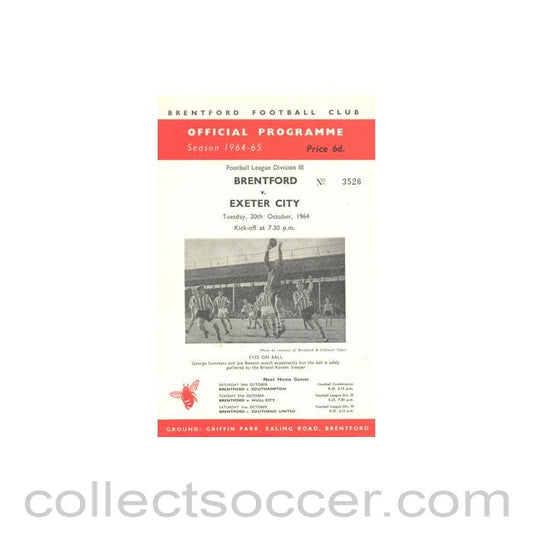 1964 - Brentford v Exeter City official programme 20/10/1964 Football League