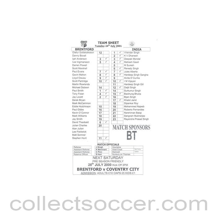 2001 - Brentford v India official teamsheet 24/07/2001 Friendly