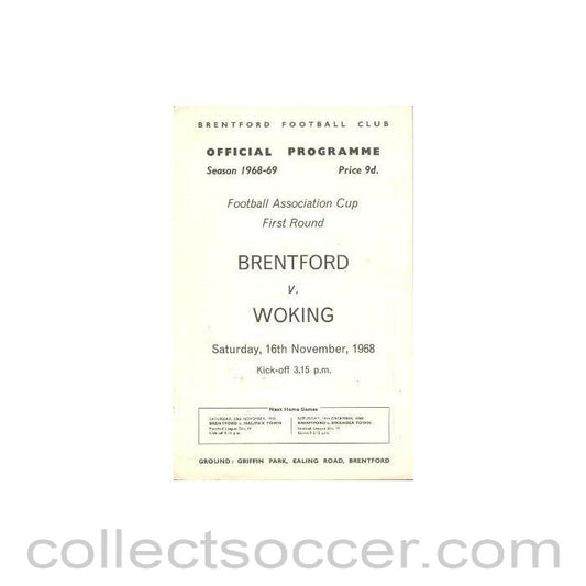 1968 - Brentford v Woking official programme 16/11/1968 F.A. Cup
