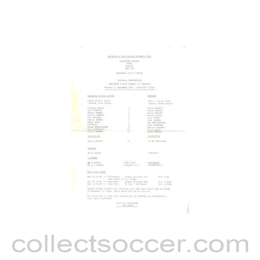 1984 - Brighton v Chelsea Reserves official teamsheet 11/12/1984 Football Combination