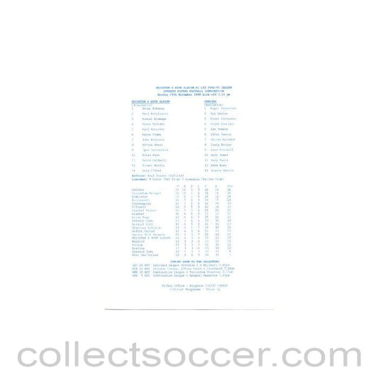 1990 - Brighton & Hove Albion v Chelsea official teamsheet 19/11/1990