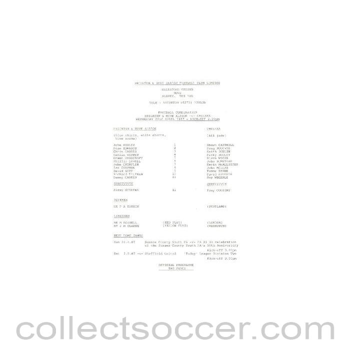 1987 - Brighton & Hove Albion v Chelsea official teamsheet 22/04/1987 Reserves