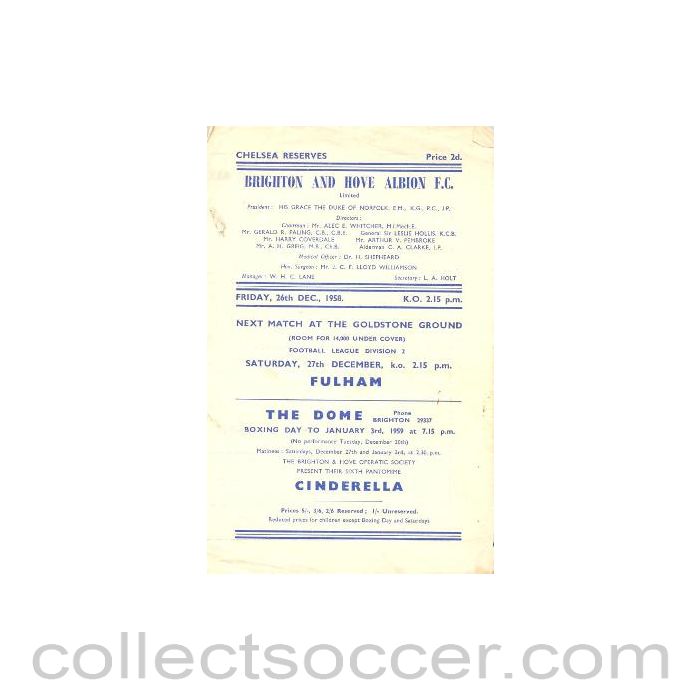 1958 - Brighton & Hove Albion vChelsea Reserves official programme 26/12/1958