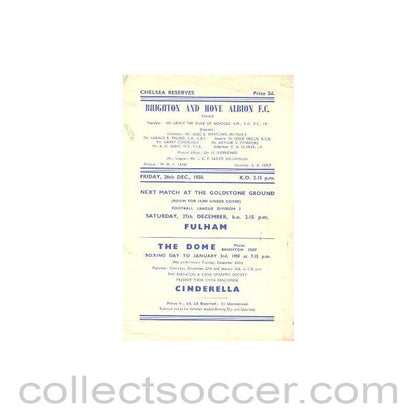 1958 - Brighton & Hove Albion vChelsea Reserves official programme 26/12/1958