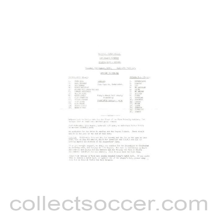 1984 - Bristol City v Chelsea official teamsheet 07/08/1984