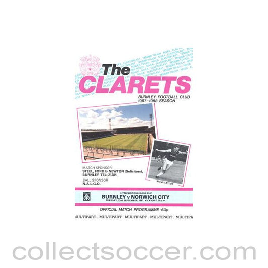 1987 - Burnley v Norwich City official programme 22/09/1987 Littlewoods League Cup