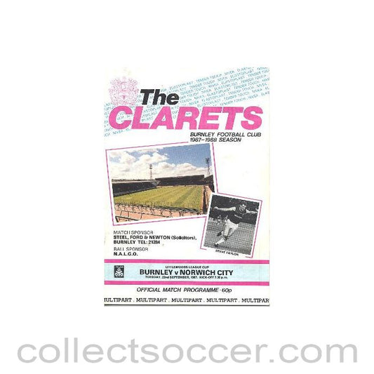 1987 - Burnley v Norwich City official programme 22/09/1987 Littlewoods League Cup